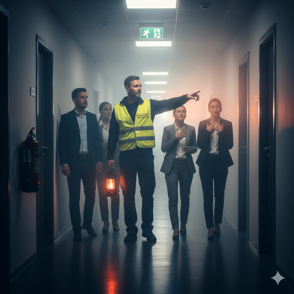 Eine fokussierte Teilnehmerin bei einer Brandschutzübung hält einen Feuerlöscher; im Hintergrund ist ein Trainer zu sehen, der Ruhe und Sicherheit vermittelt – Symbol für Panikprävention durch Training.